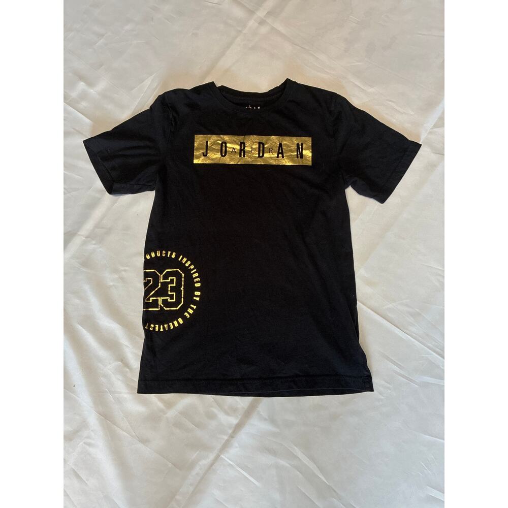 Air Jordan Black Gold Lamé Logo T-Shirt Boys US XL 100% Cotton Short Sleeve